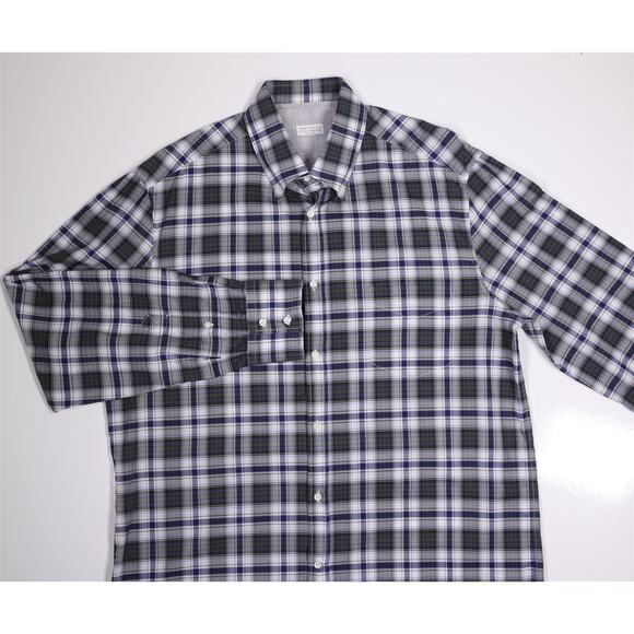 Brunello Cucinelli Blue Green Plaid Cotton Button-Up Shirt Men's 3XL XXXL - Picture 3 of 6